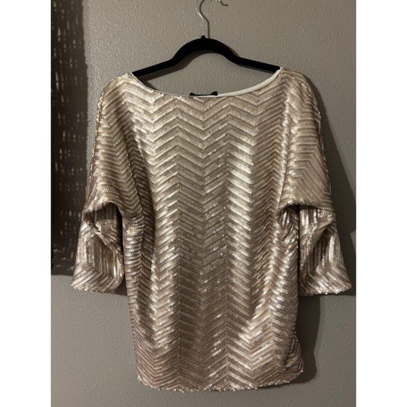 WHBM Sequin Top Gold Silver M Medium 3/4 Long Sleeve Stretch Party Cruise - Picture 9 of 9